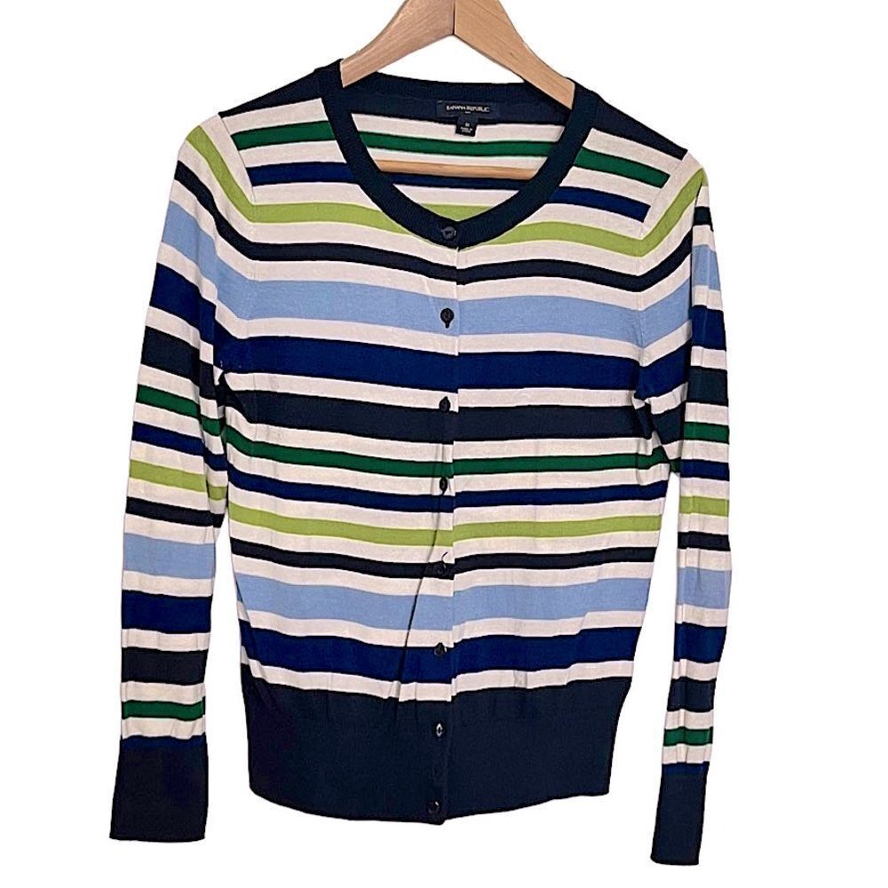 Banana Republic Striped Button Front Crewneck Cardigan Medium